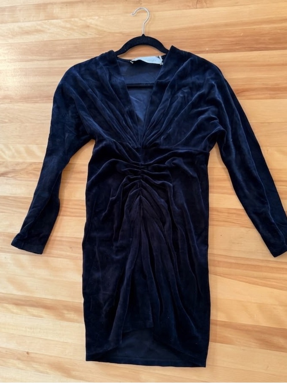 IRO Black Velvet Ruched V-Neck Long Sleeve Dress